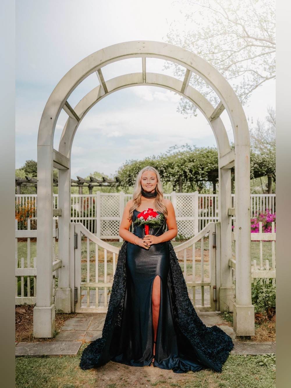 Black Satin Prom Gown with Attachable Dramatic Floral Train